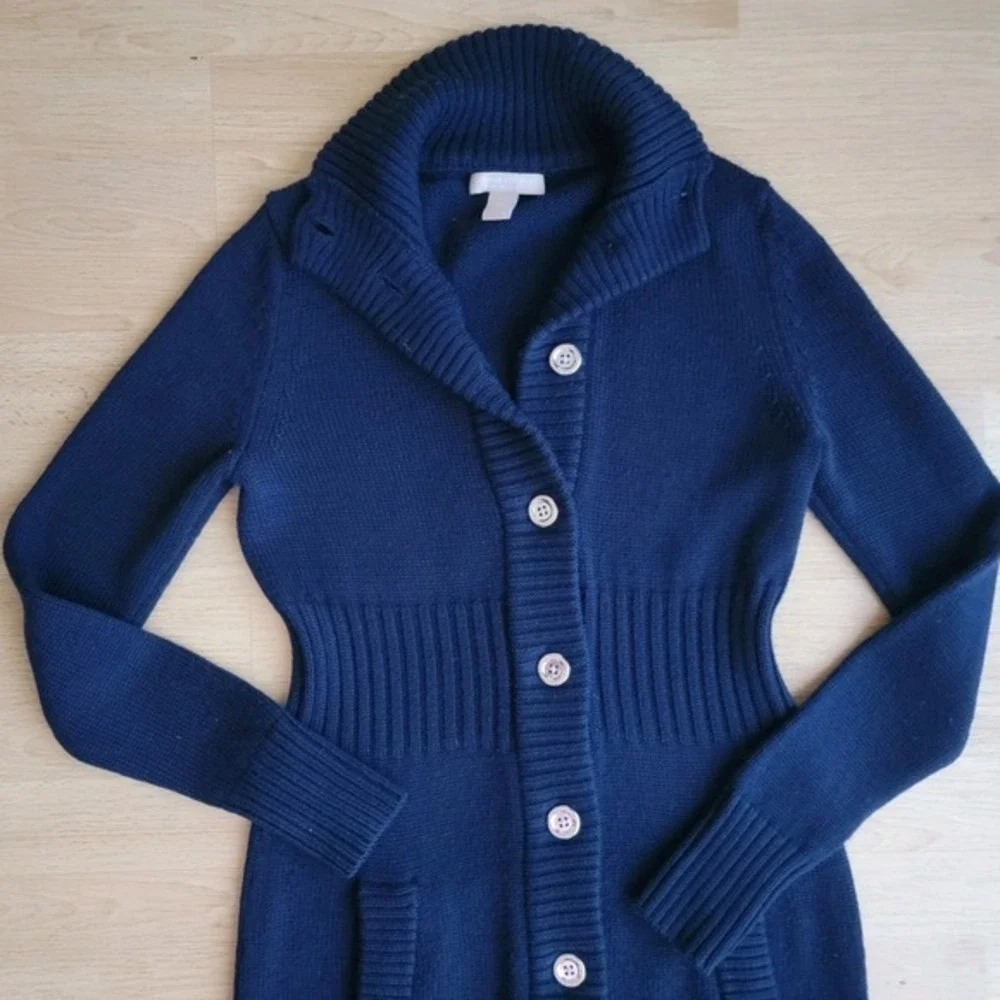Banana Republic Womens Navy‎ Blue 100% Merino Wool Longline Cardigan Sweater XS